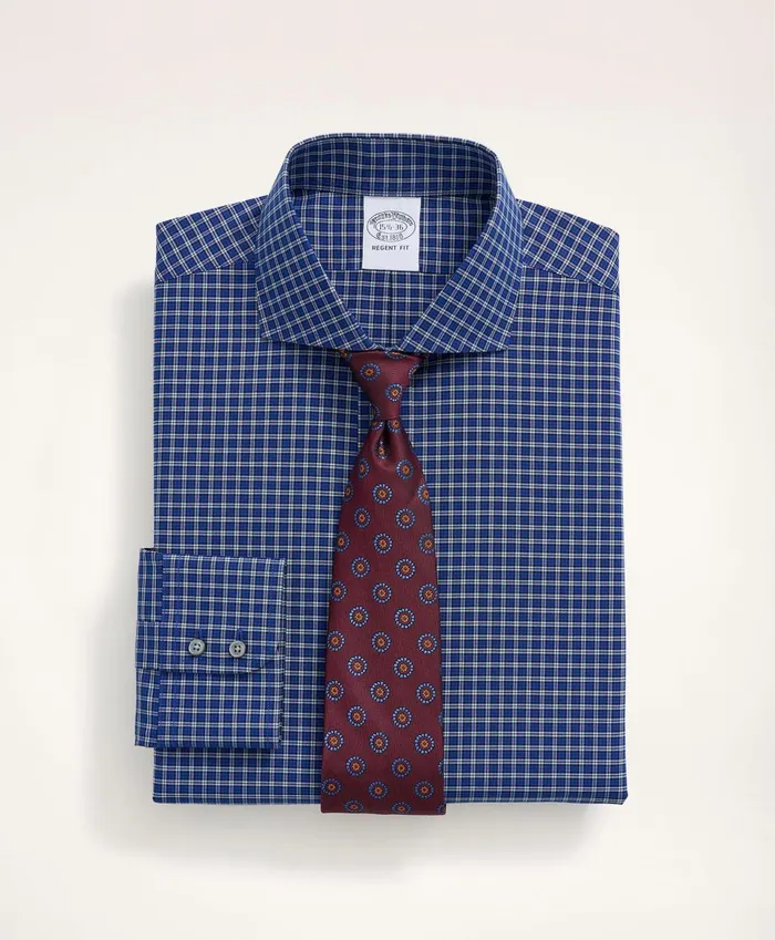 Dress Shirts Men Brooks Brothers Stretch Regent RegularFit Dress Shirt NonIron Poplin Londoner Spread Collar MicroTartan Blue