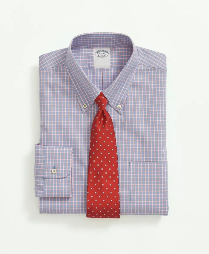 Dress Shirts Men Brooks Brothers Stretch Supima Cotton NonIron Pinpoint Oxford ButtonDown Collar Outline Check Dress Shirt Light Blue