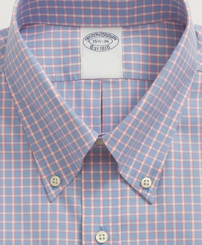 Dress Shirts Men Brooks Brothers Stretch Supima Cotton NonIron Pinpoint Oxford ButtonDown Collar Outline Check Dress Shirt Light Blue