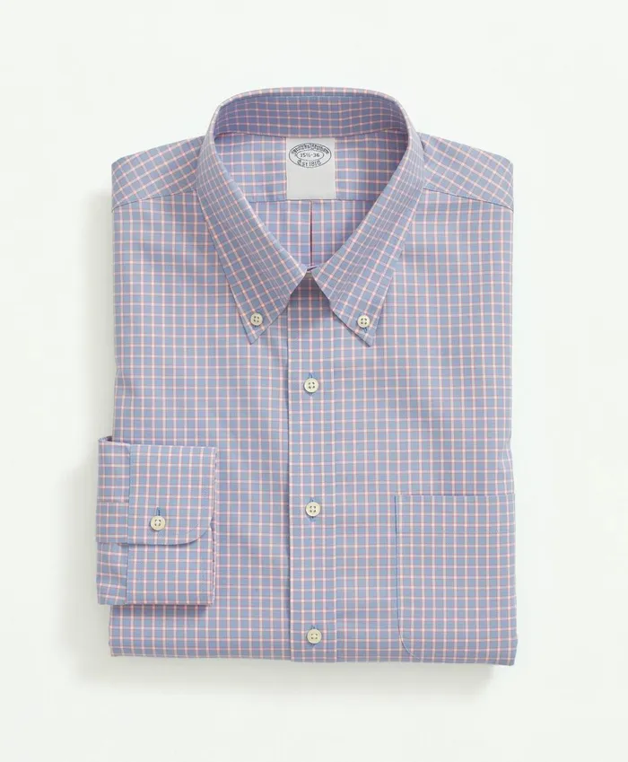 Dress Shirts Men Brooks Brothers Stretch Supima Cotton NonIron Pinpoint Oxford ButtonDown Collar Outline Check Dress Shirt Light Blue