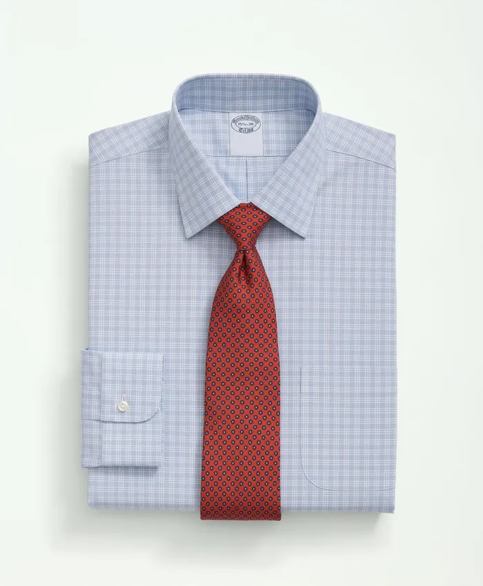 Dress Shirts Men Brooks Brothers Stretch Supima Cotton NonIron Poplin Ainsley Collar Checked Dress Shirt Light Blue