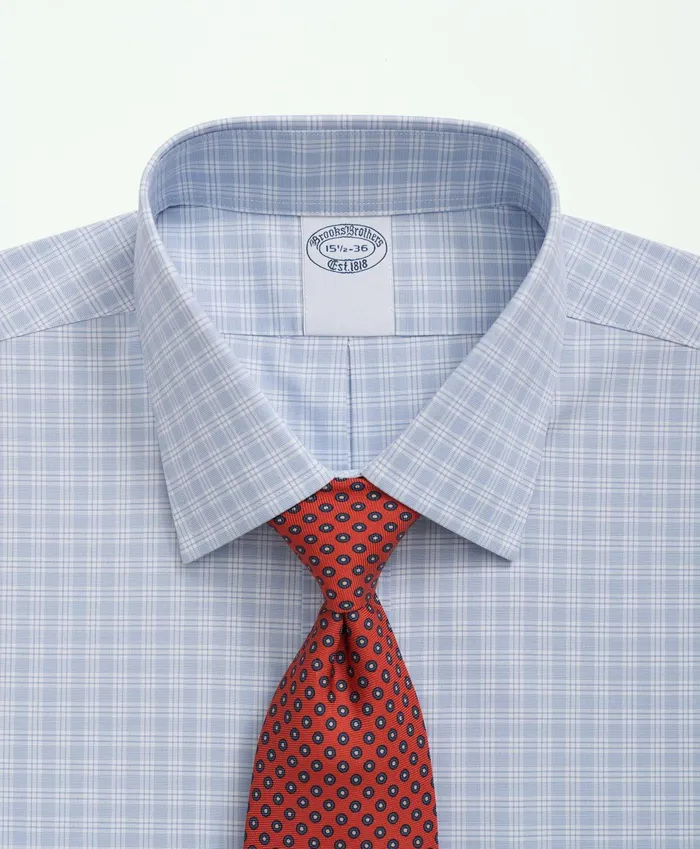 Dress Shirts Men Brooks Brothers Stretch Supima Cotton NonIron Poplin Ainsley Collar Checked Dress Shirt Light Blue