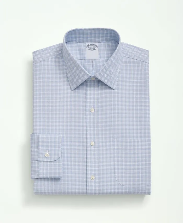 Dress Shirts Men Brooks Brothers Stretch Supima Cotton NonIron Poplin Ainsley Collar Checked Dress Shirt Light Blue