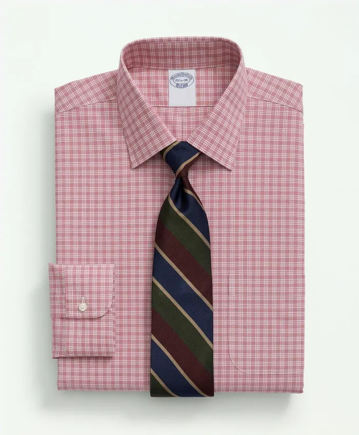Dress Shirts Men Brooks Brothers Stretch Supima Cotton NonIron Poplin Ainsley Collar Checked Dress Shirt Red