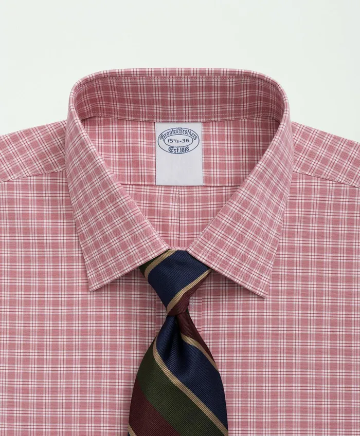 Dress Shirts Men Brooks Brothers Stretch Supima Cotton NonIron Poplin Ainsley Collar Checked Dress Shirt Red