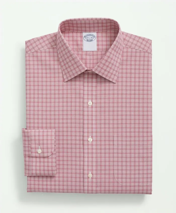Dress Shirts Men Brooks Brothers Stretch Supima Cotton NonIron Poplin Ainsley Collar Checked Dress Shirt Red