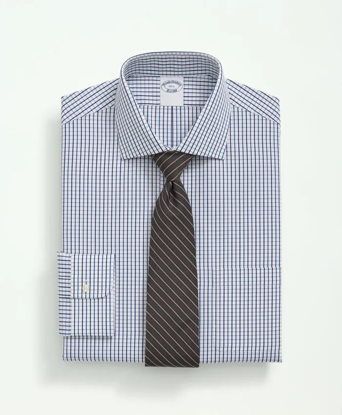 Dress Shirts Men Brooks Brothers Supima Cotton Poplin English Collar Tattersall Dress Shirt Blue