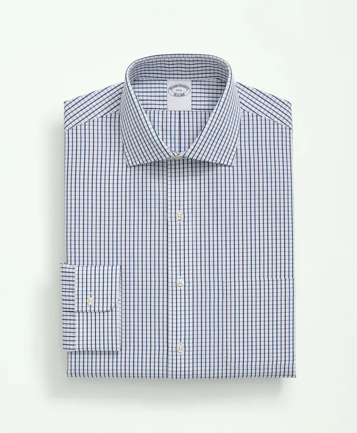 Dress Shirts Men Brooks Brothers Supima Cotton Poplin English Collar Tattersall Dress Shirt Blue