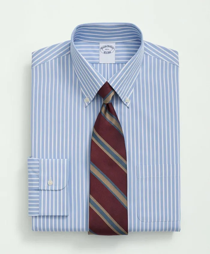 Dress Shirts Men Brooks Brothers Supima Cotton Poplin Polo ButtonDown Collar Bengal Striped Dress Shirt Light Blue