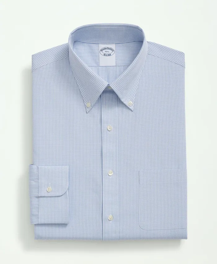 Dress Shirts Men Brooks Brothers Supima Cotton Poplin Polo ButtonDown Collar Micro Checked Dress Shirt Light Blue