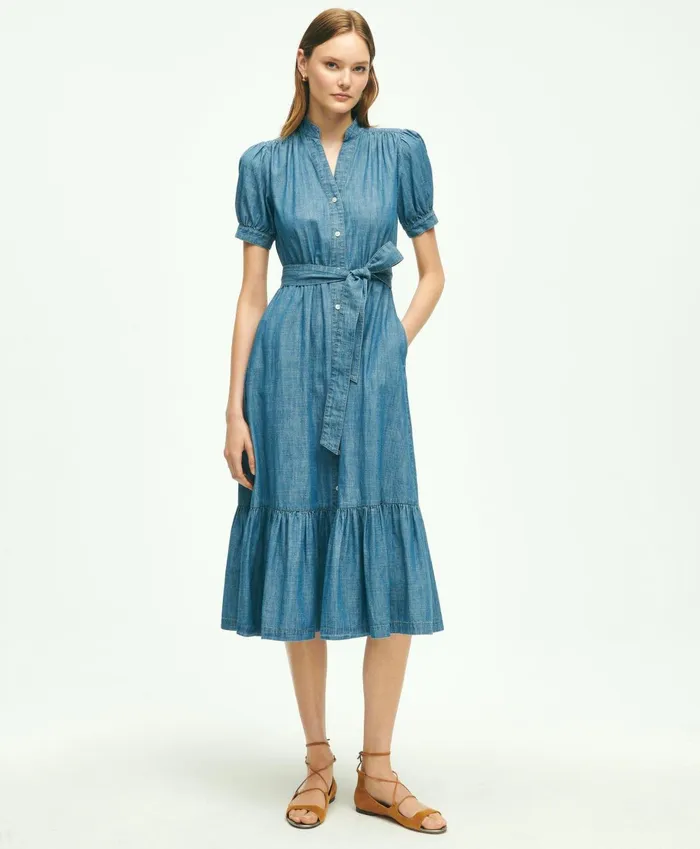 Dresses Women Brooks Brothers Chambray Puff Sleeve Shirt Dress Light Blue