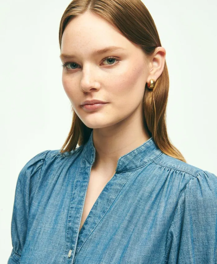 Dresses Women Brooks Brothers Chambray Puff Sleeve Shirt Dress Light Blue