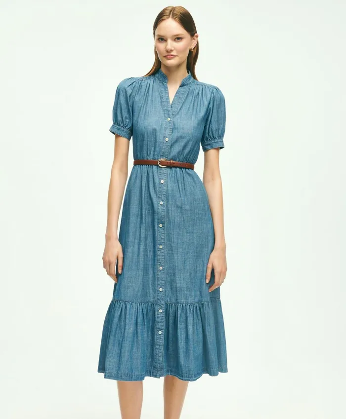 Dresses Women Brooks Brothers Chambray Puff Sleeve Shirt Dress Light Blue