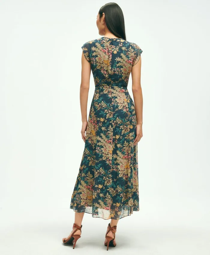 Dresses Women Brooks Brothers Chiffon ShortSleeve Fern Print Dress Green Multi