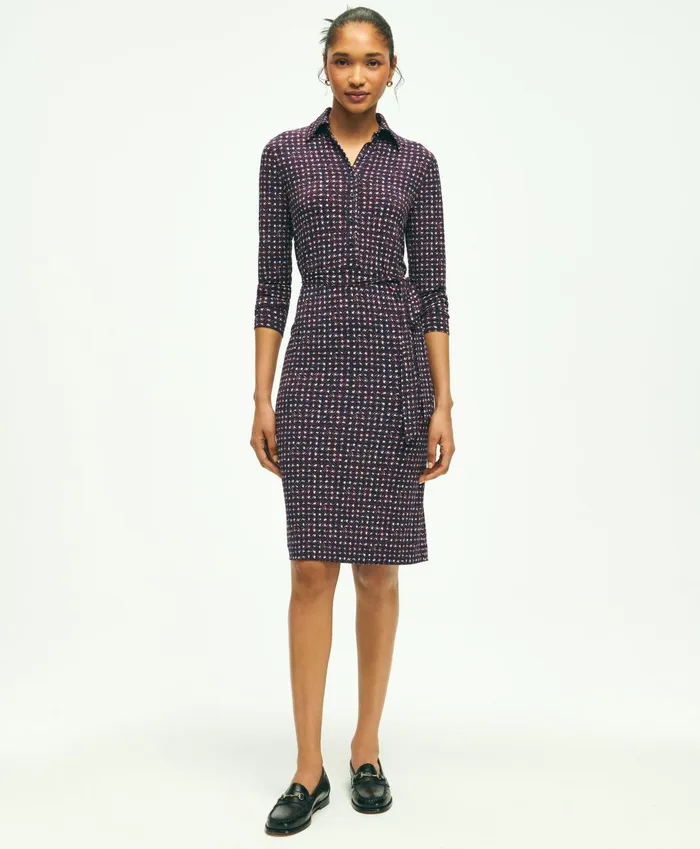 Dresses Women Brooks Brothers Jersey Belted Plaid Print Dress Navy Multi