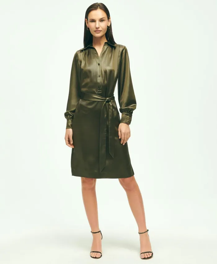 Dresses Women Brooks Brothers Satin Popover Belted Shirt Dress Olive