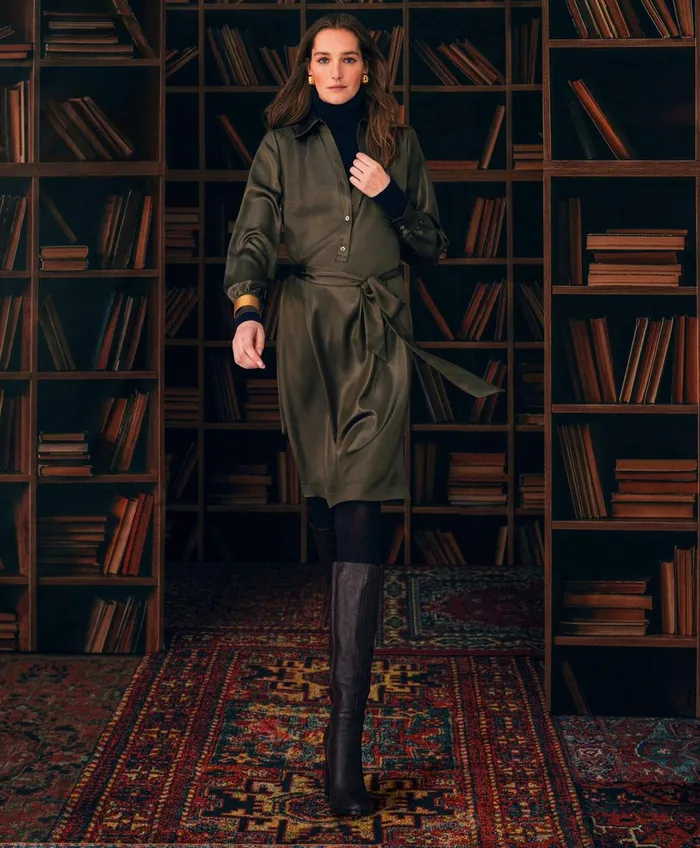 Dresses Women Brooks Brothers Satin Popover Belted Shirt Dress Olive