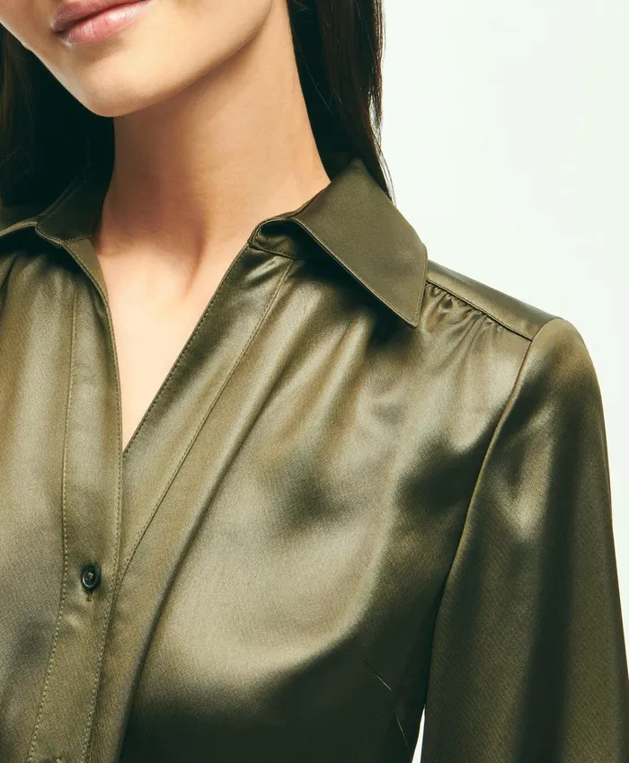 Dresses Women Brooks Brothers Satin Popover Belted Shirt Dress Olive