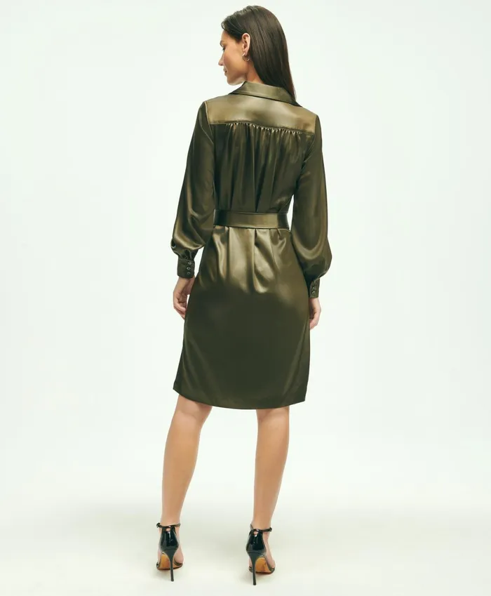 Dresses Women Brooks Brothers Satin Popover Belted Shirt Dress Olive