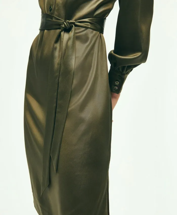 Dresses Women Brooks Brothers Satin Popover Belted Shirt Dress Olive