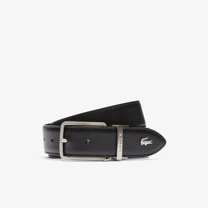 EngravedBuckle Reversible Piqu Leather Belt Black Mens Lacoste Belts Popular