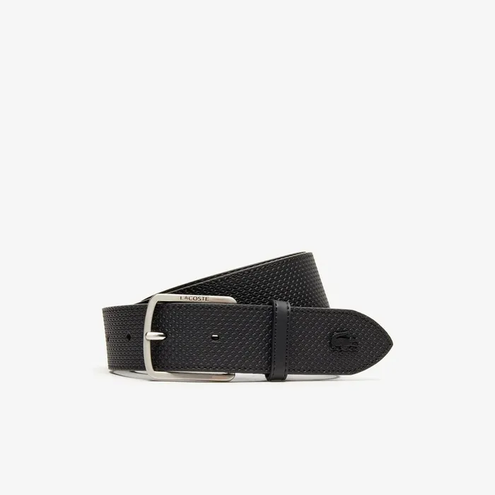 EngravedBuckle Texturized Leather Belt Black Mens Lacoste Belts Popular