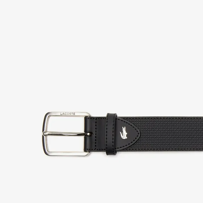 EngravedBuckle Texturized Leather Belt Black Mens Lacoste Belts Popular
