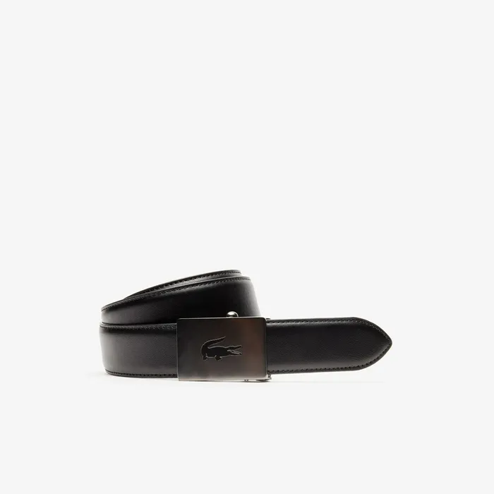 Engraved Plate Buckle Leather Belt Black Mens Lacoste Belts Shop