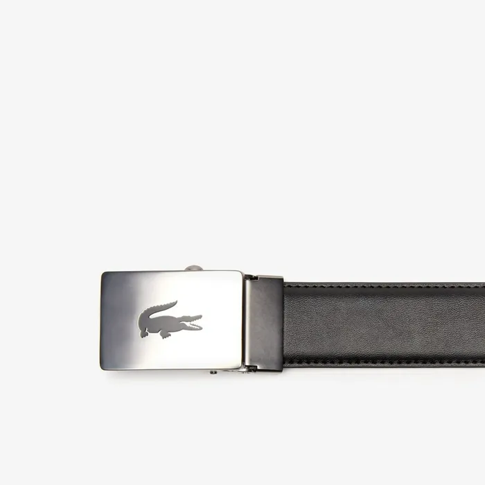 Engraved Plate Buckle Leather Belt Black Mens Lacoste Belts Shop