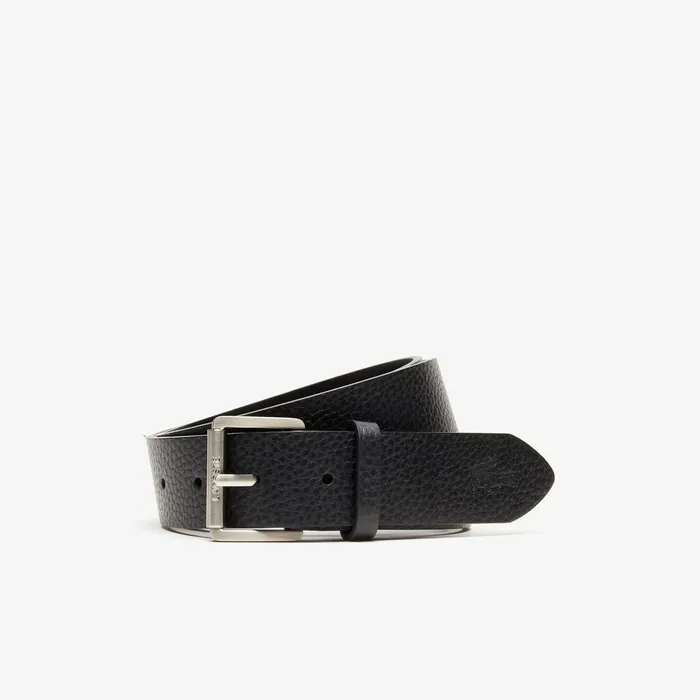 Engraved Rolling Buckle Grained Leather Belt Black Mens Lacoste Belts Shop