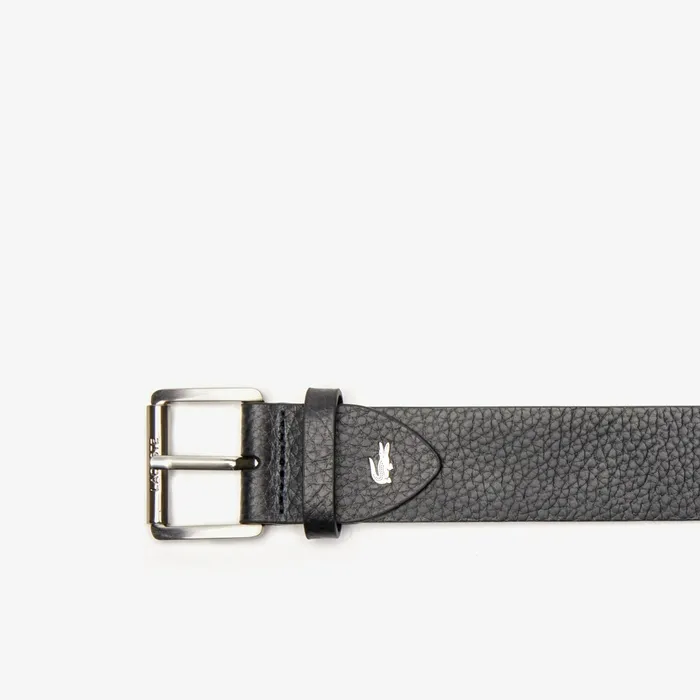 Engraved Rolling Buckle Grained Leather Belt Black Mens Lacoste Belts Shop