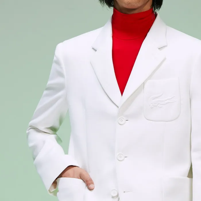 Fashion Show Solid Blazer with Chest Pocket White Mens Lacoste Jackets and Coats Store