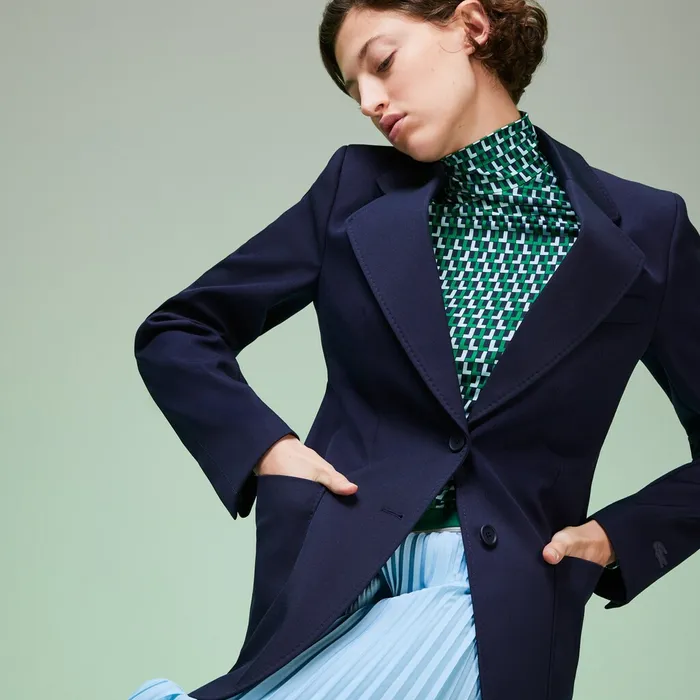Fashion Show Solid Wool Blend Blazer Navy Blue Womens Lacoste Jackets and Coats Cheap On Sale Fashion Show Solid Wool Blend Blazer Navy Blue Womens Lacoste Jackets and Coats Cheap On Sale