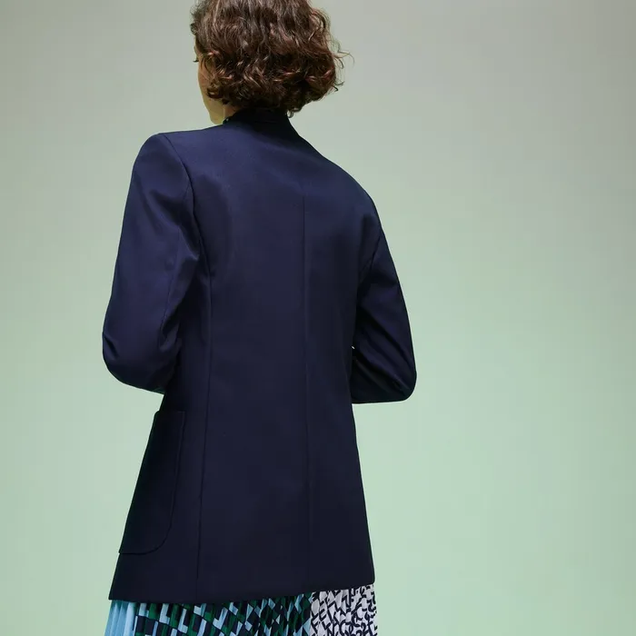 Fashion Show Solid Wool Blend Blazer Navy Blue Womens Lacoste Jackets and Coats Cheap On Sale