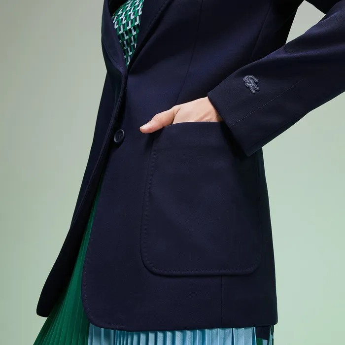 Fashion Show Solid Wool Blend Blazer Navy Blue Womens Lacoste Jackets and Coats Cheap On Sale