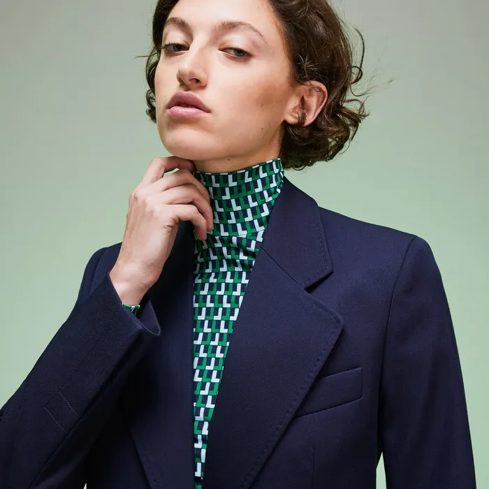 Fashion Show Solid Wool Blend Blazer Navy Blue Womens Lacoste Jackets and Coats Cheap On Sale