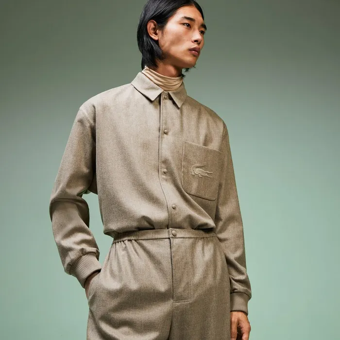 Fashion Show Solid Wool Shirt with Chest Pocket Light Brown Mens Lacoste Button Down Shirts USA