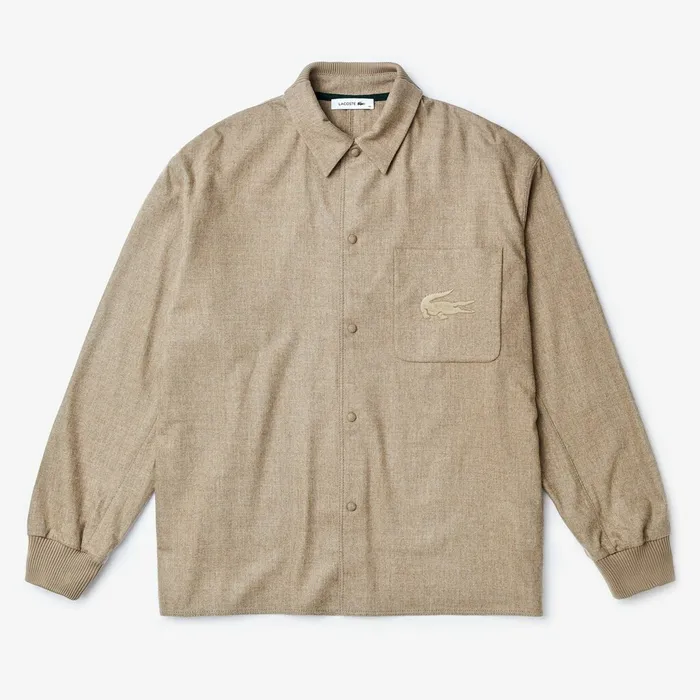 Fashion Show Solid Wool Shirt with Chest Pocket Light Brown Mens Lacoste Button Down Shirts USA