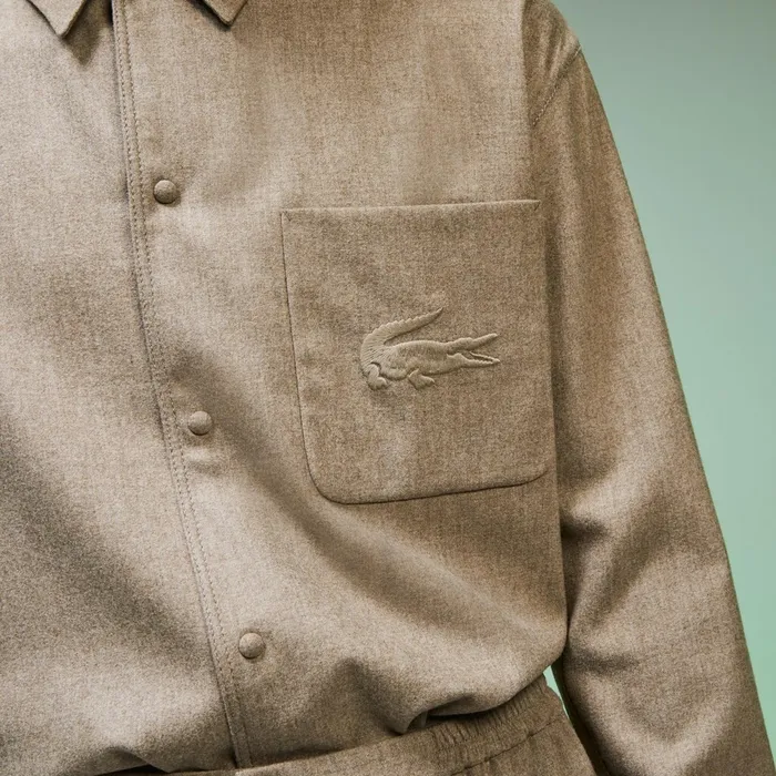 Fashion Show Solid Wool Shirt with Chest Pocket Light Brown Mens Lacoste Button Down Shirts USA