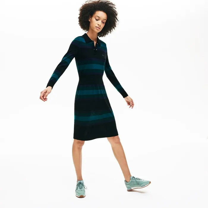 Fitted Striped Wool Polo Dress BlackNavy BlueGreen Womens Lacoste Dresses and Skirts For Sale Online