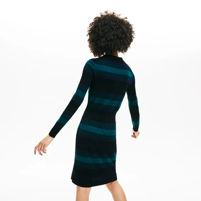 Fitted Striped Wool Polo Dress BlackNavy BlueGreen Womens Lacoste Dresses and Skirts For Sale Online