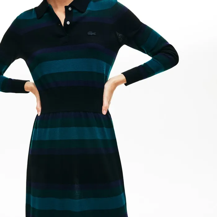 Fitted Striped Wool Polo Dress BlackNavy BlueGreen Womens Lacoste Dresses and Skirts For Sale Online