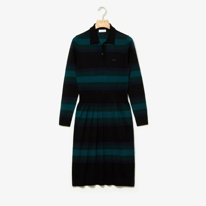 Fitted Striped Wool Polo Dress BlackNavy BlueGreen Womens Lacoste Dresses and Skirts For Sale Online