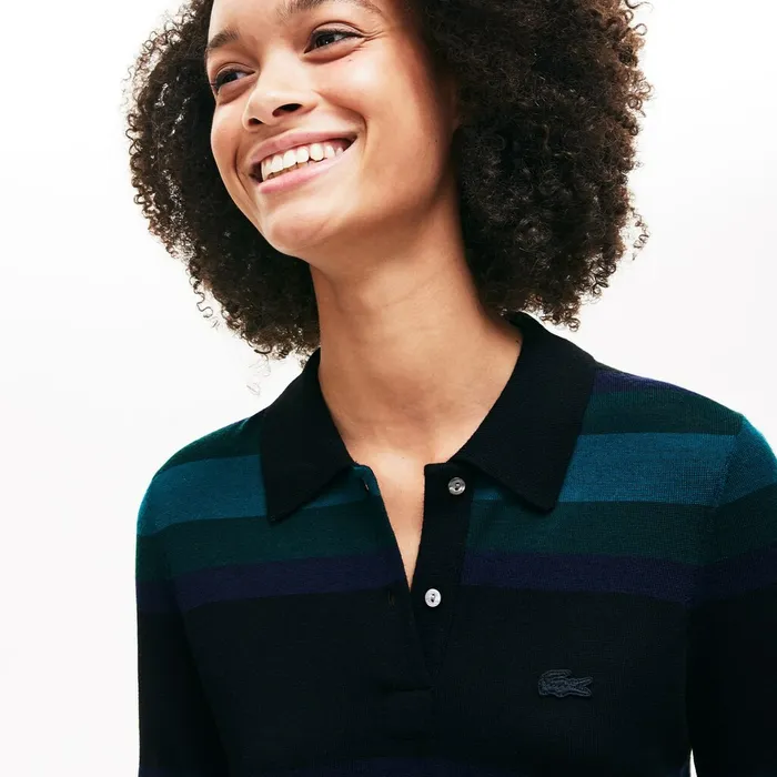 Fitted Striped Wool Polo Dress BlackNavy BlueGreen Womens Lacoste Dresses and Skirts For Sale Online
