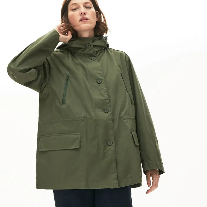 Flared WaterResistant Parka Khaki Green Womens Lacoste Jackets and Coats USA