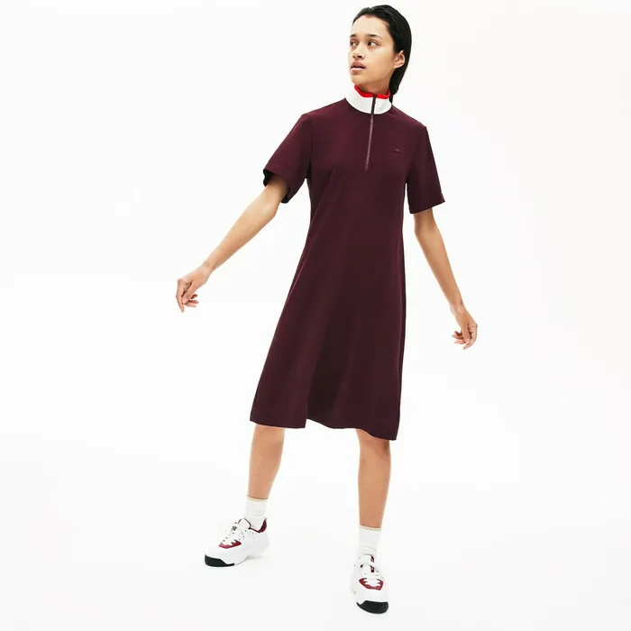 Flared ZipUp Polo Dress BordeauxWhiteRed Womens Lacoste Dresses and Skirts For Sale
