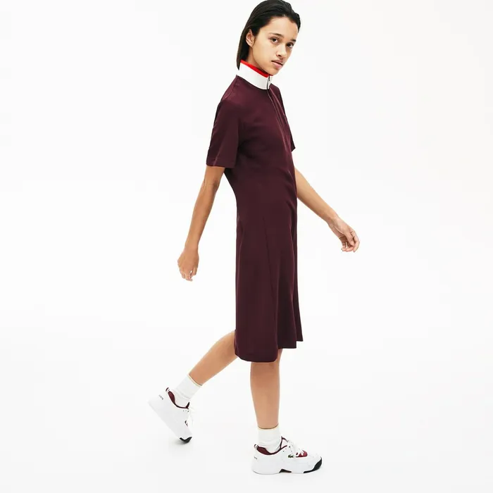Flared ZipUp Polo Dress BordeauxWhiteRed Womens Lacoste Dresses and Skirts For Sale
