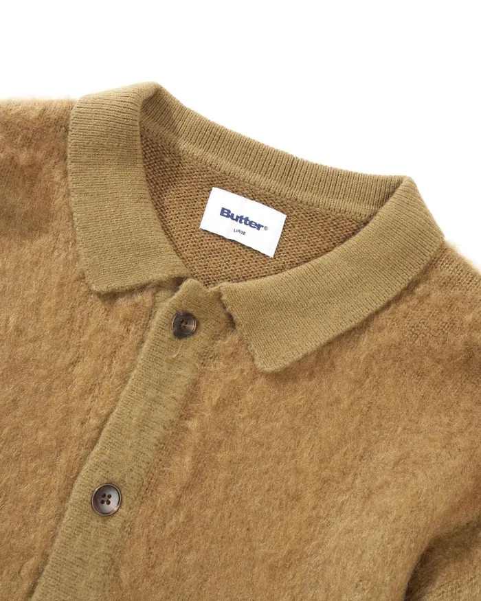 Fleece Men Butter Goods Mohair Button Up Knitted Shirt Tan Fleece Men Butter Goods Mohair Button Up Knitted Shirt Tan