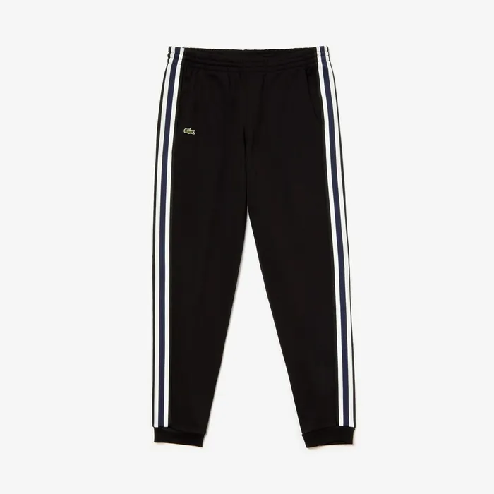 Fleece Side Stripe Trackpants Black Mens Lacoste Pants and Shorts For Sale Online
