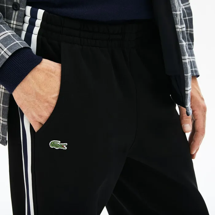Fleece Side Stripe Trackpants Black Mens Lacoste Pants and Shorts For Sale Online